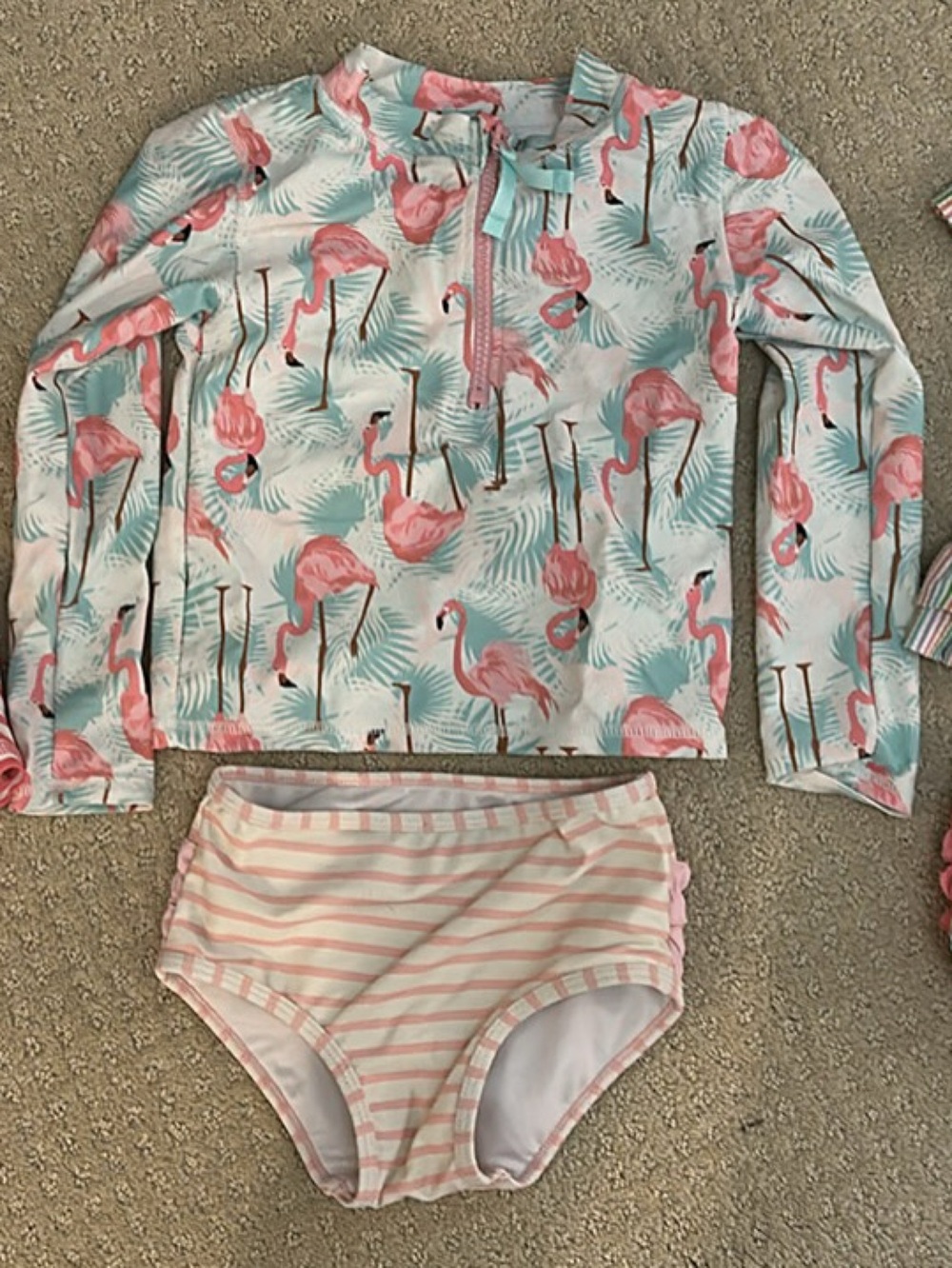 Ruffle Butts Pink Flamingo Rash Guard Set with Teal Palm Print